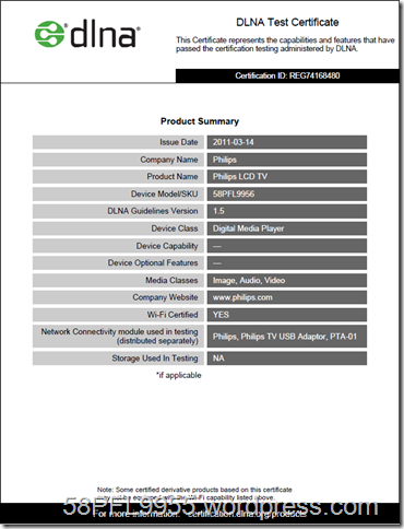 Philips 58PFL9956/12 DLNA 1.5 Certificate