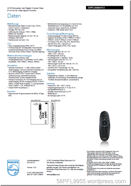 Philips 32PFL3606H/12 Product Spread Sheet