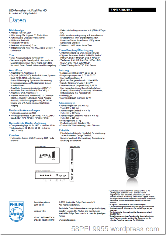 Philips 32PFL5606H/12 Product Spread Sheet
