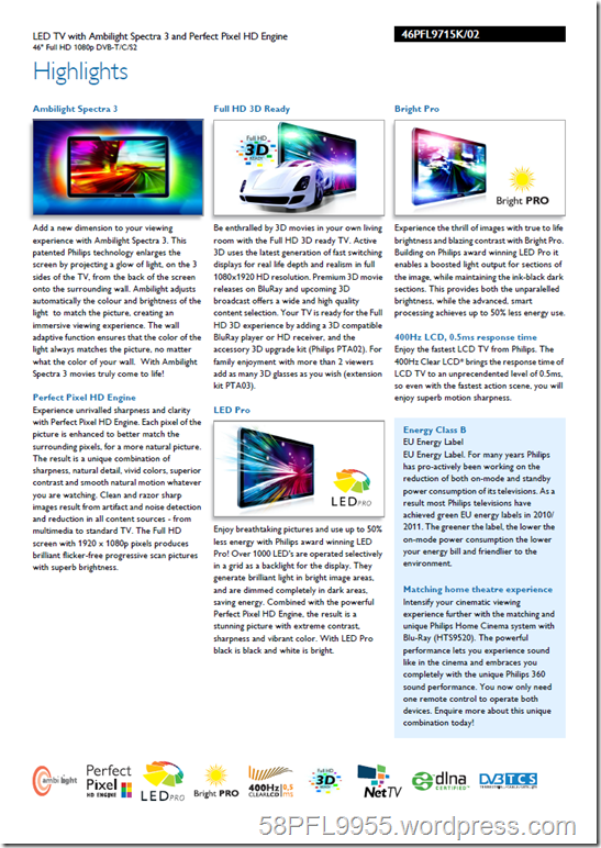 Philips 2010: 46PFL9715K/02 Product Spread Sheet