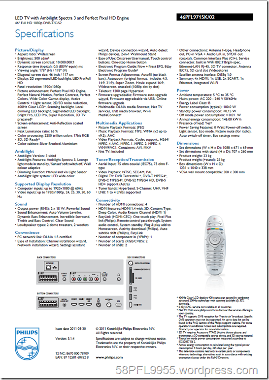 Philips 2010: 46PFL9715K/02 Product Spread Sheet