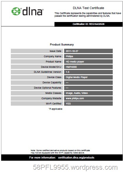 Philips HMP4000 DLNA Certificate