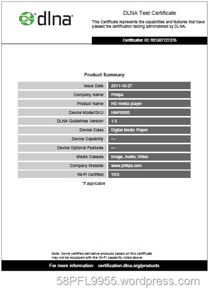 Philips HMP8000 DLNA Certificate