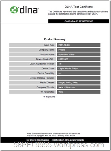 Philips HMP2000 DLNA Certificate